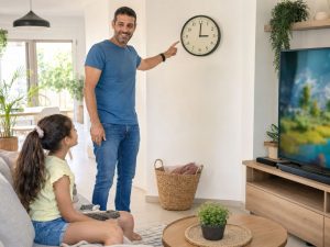 אבא מסביר לילדה על זמן כחלק מהצבת גבולות בריאים