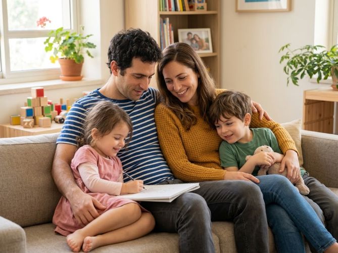 זוגיות טובה יוצרת בית רגוע לילדים – הורים ושני ילדיהם מבלים זמן איכות משפחתי יחד על הספה.